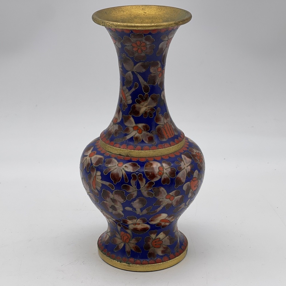Cloisonné Vase Enameled Blue Orange Floral 8" Small Vintage